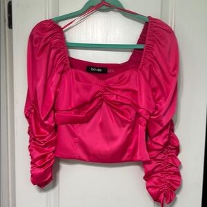 DO+BE Hot Pink Satin Puff Sleeve Crop Top